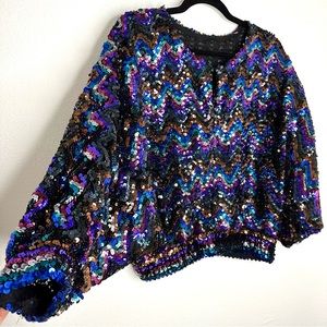 Vintage 70's Batwing Disco Glam Multicolor Sequined Party Top Blouse Sz 2X